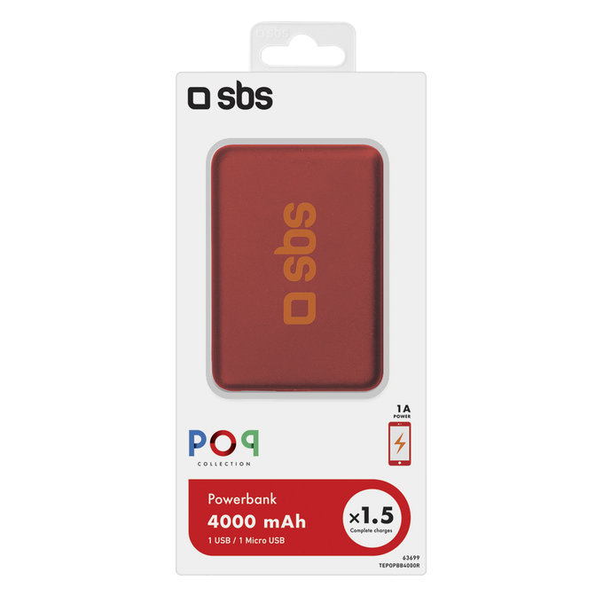 SBS - PowerBank 4000 mAh - USB, Micro-USB, rot