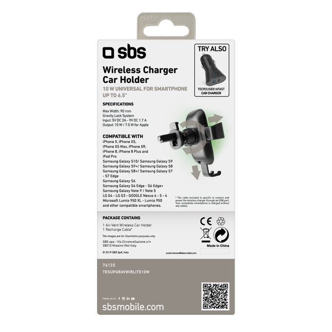 SBS - Schwerkraft Autohalterung mit kabelloser Ladung, 10W, Qi, schwarz