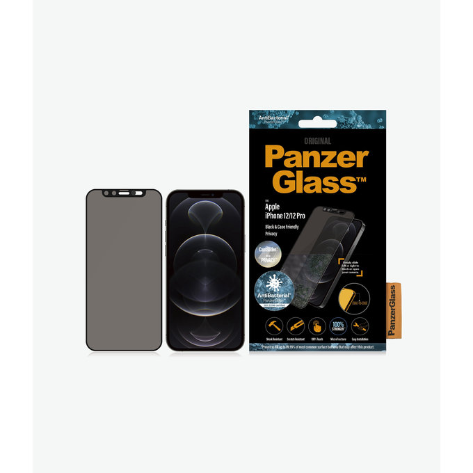 PanzerGlass - Gehärtetes Glas Privacy Case Friendly CamSlider AB für iPhone 12 und 12 Pro, schwarz