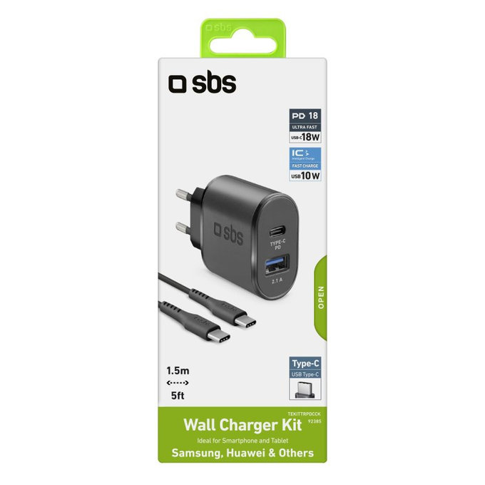 SBS - 18W Ladeadapter USB, USB-C + Kabel USB-C / USB-C, schwarz