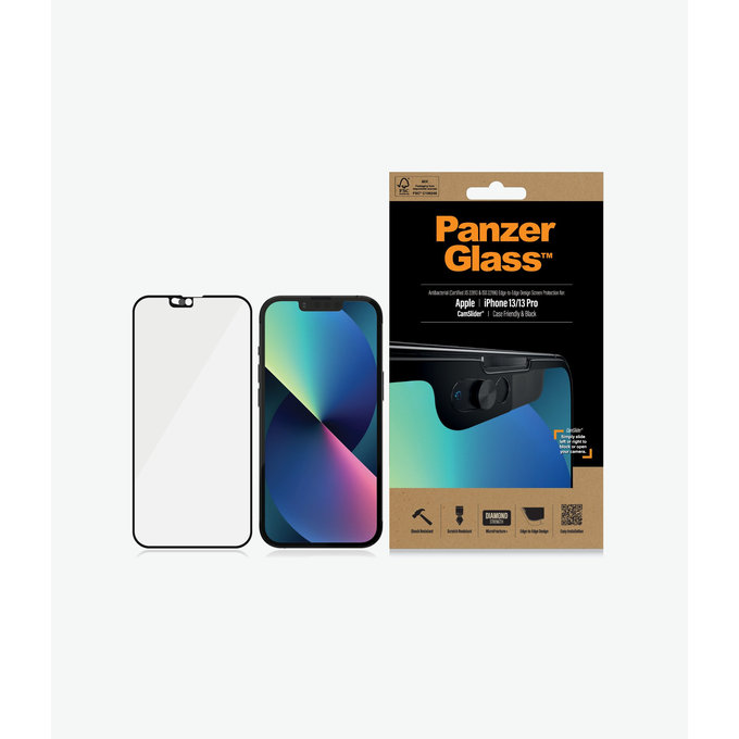PanzerGlass - Gehärtetes Glas Case Friendly CamSlider AB für iPhone 13, 13 Pro und 14, schwarz