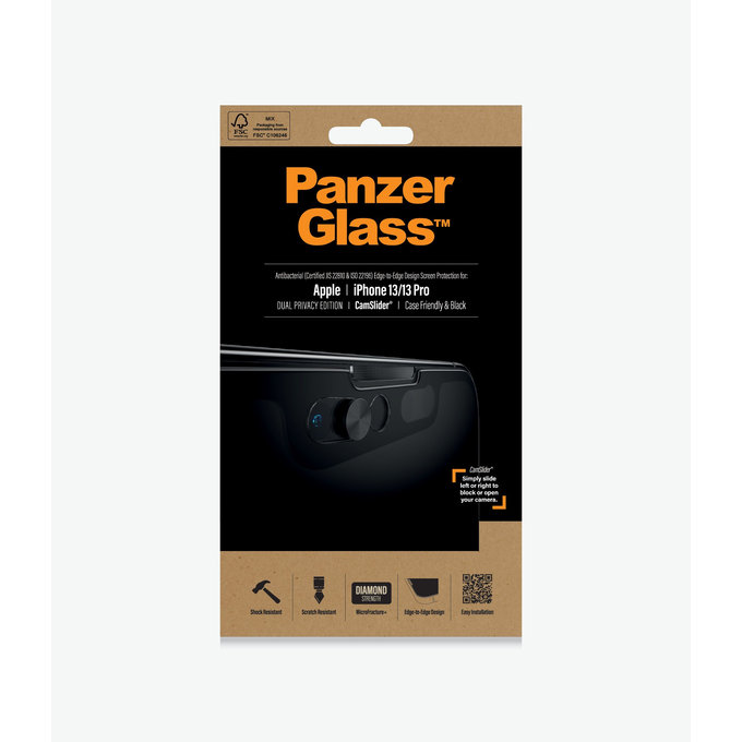 PanzerGlass - Gehärtetes Glas Case Friendly Privacy CamSlider AB für iPhone 13, 13 Pro und 14, schwarz