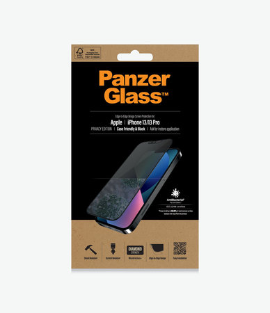 PanzerGlass - Gehärtetes Glas Case Friendly Privacy AB für iPhone 13, 13 Pro, 14 und 16e, schwarz