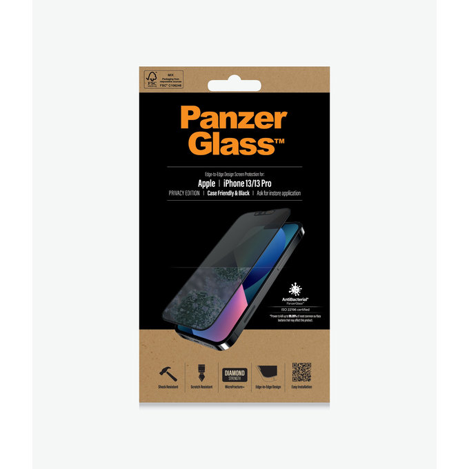 PanzerGlass - Gehärtetes Glas Case Friendly Privacy AB für iPhone 13, 13 Pro, 14 und 16e, schwarz
