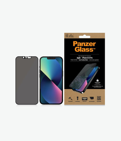 PanzerGlass - Gehärtetes Glas Case Friendly Privacy AB für iPhone 13, 13 Pro, 14 und 16e, schwarz