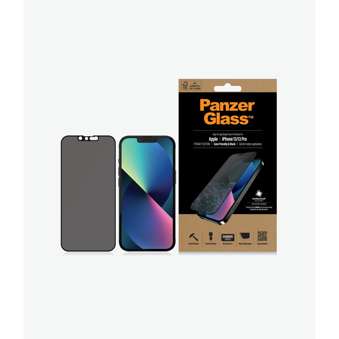 PanzerGlass - Gehärtetes Glas Case Friendly Privacy AB für iPhone 13, 13 Pro, 14 und 16e, schwarz
