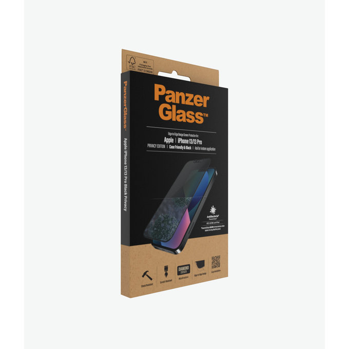 PanzerGlass - Gehärtetes Glas Case Friendly Privacy AB für iPhone 13, 13 Pro, 14 und 16e, schwarz