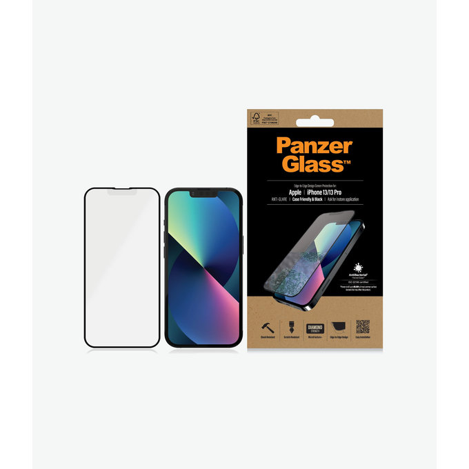 PanzerGlass - Gehärtetes Glas Case Friendly Anti-Glare AB für iPhone 13, 13 Pro und 14, black