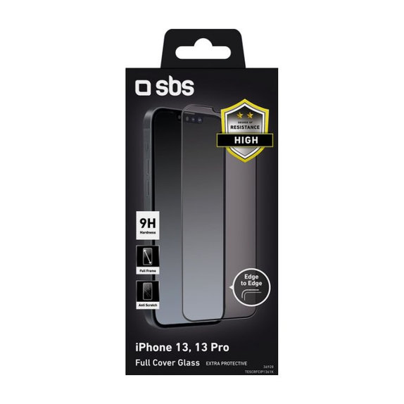 SBS - Gehärtetes Glas Full Cover für iPhone 13, 13 Pro, 14 und 16e, schwarz