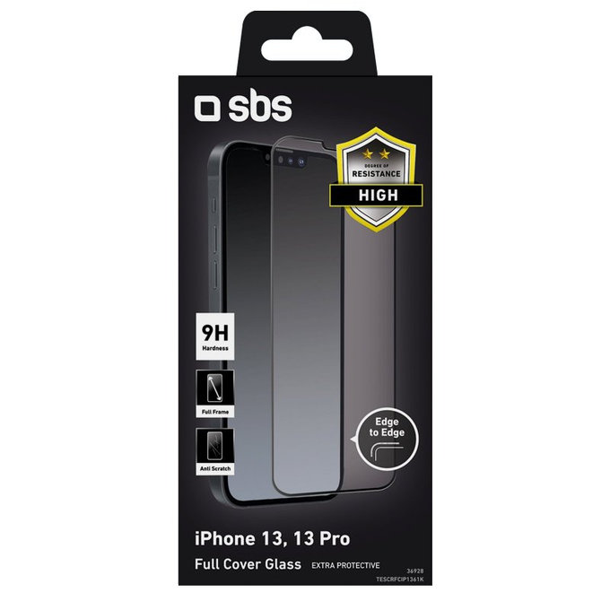 SBS - Gehärtetes Glas Full Cover für iPhone 13, 13 Pro, 14 und 16e, schwarz