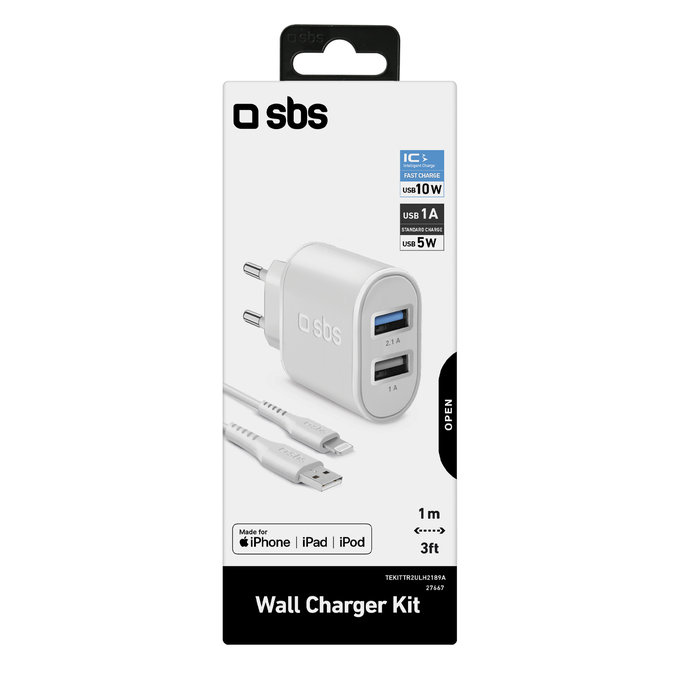 SBS - 10W Ladeadapter 2x USB + Kabel USB / Lightning, weiß