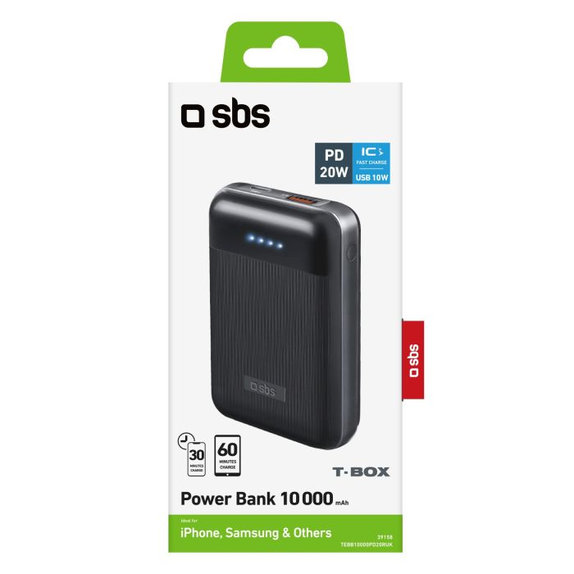 SBS - PowerBank 10 000 mAh, USB, USB-C PowerDelivery 20W, schwarz