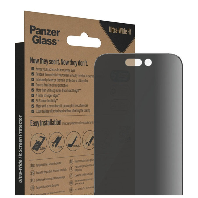 Schutzglas UWF Privacy AB mit Applikator für iPhone 14 Pro, Schwarz, PanzerGlass