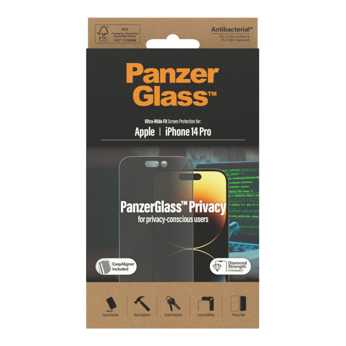 Schutzglas UWF Privacy AB mit Applikator für iPhone 14 Pro, Schwarz, PanzerGlass