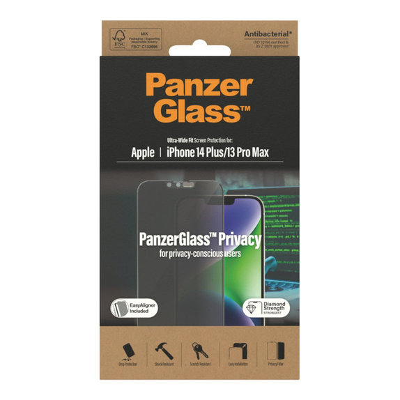 Schutzglas UWF Privacy AB mit Applikator für iPhone 14 Plus/13 Pro Max, Schwarz, PanzerGlass