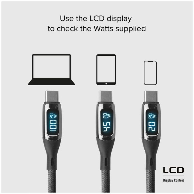 SBS - USB-C / USB-C Kabel mit LCD a PowerDelivery 100W (1m), schwarz