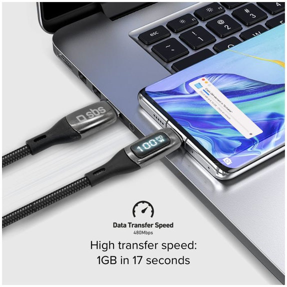 SBS - USB-C / USB-C Kabel mit LCD a PowerDelivery 100W (1m), schwarz