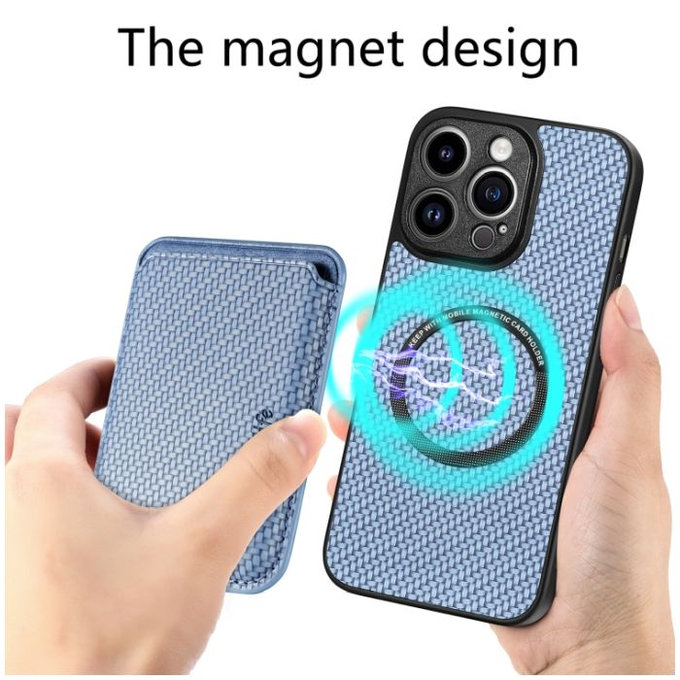 FixPremium - Carbon Hülle mit MagSafe Wallet für iPhone 14 Plus, blau