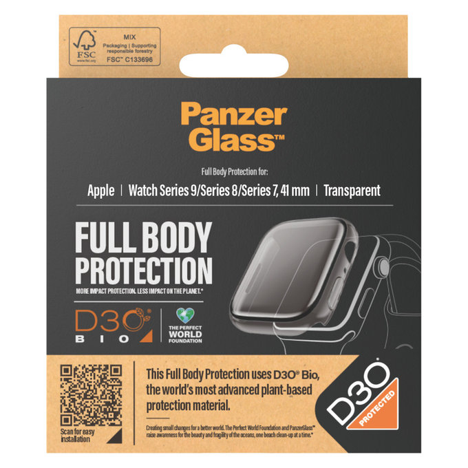 Panzerglas Full Body D3O für Apple Watch 9/8/7 41 mm, Transparent, PanzerGlass