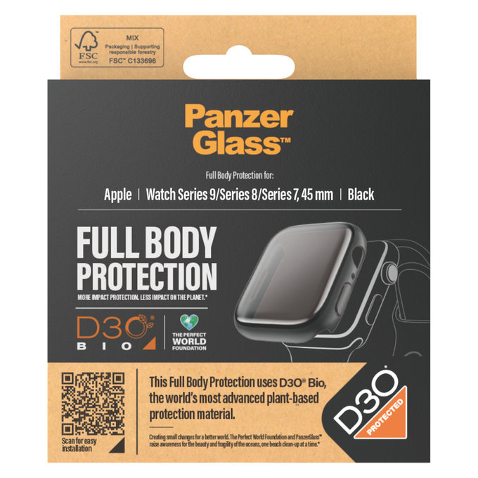 Panzerglas Full Body D3O für Apple Watch 9/8/7 45 mm, Schwarz, PanzerGlass