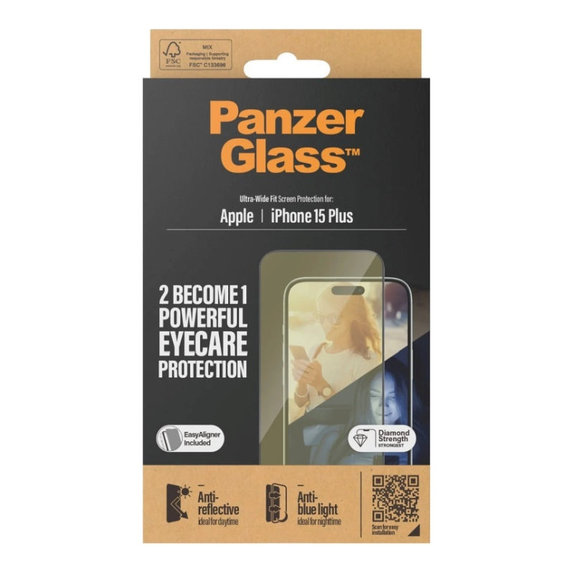 Schutzglas UWF Eyecare mit Applikator für iPhone 15 Plus, Schwarz, PanzerGlass