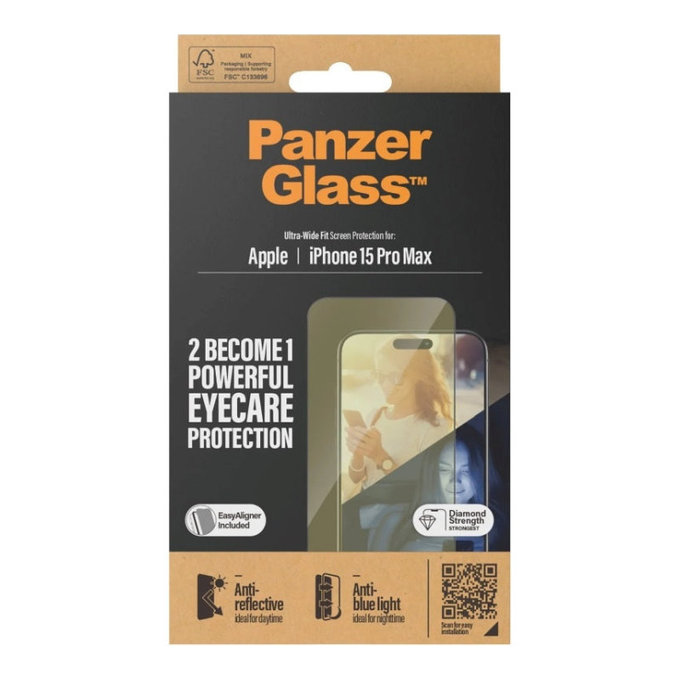 Schutzglas UWF Eyecare mit Applikator für iPhone 15 Pro Max, Schwarz, PanzerGlass