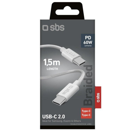 SBS - Geflochtenes Kabel USB-C/USB-C, PD, 60W, 2m, weiß