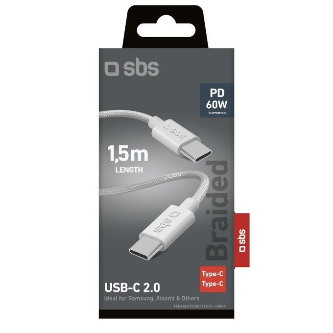 SBS - Geflochtenes Kabel USB-C/USB-C, PD, 60W, 2m, weiß