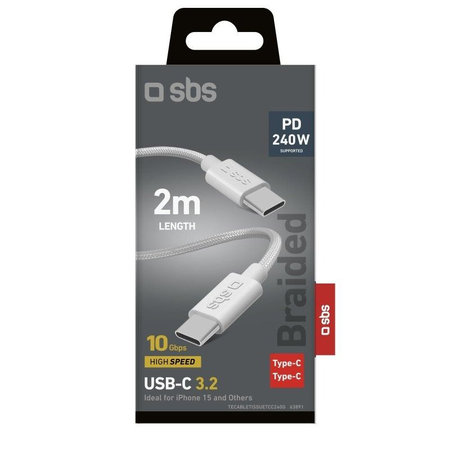SBS - Geflochtenes Kabel USB-C/USB-C, PD, 240W, 2m, weiß