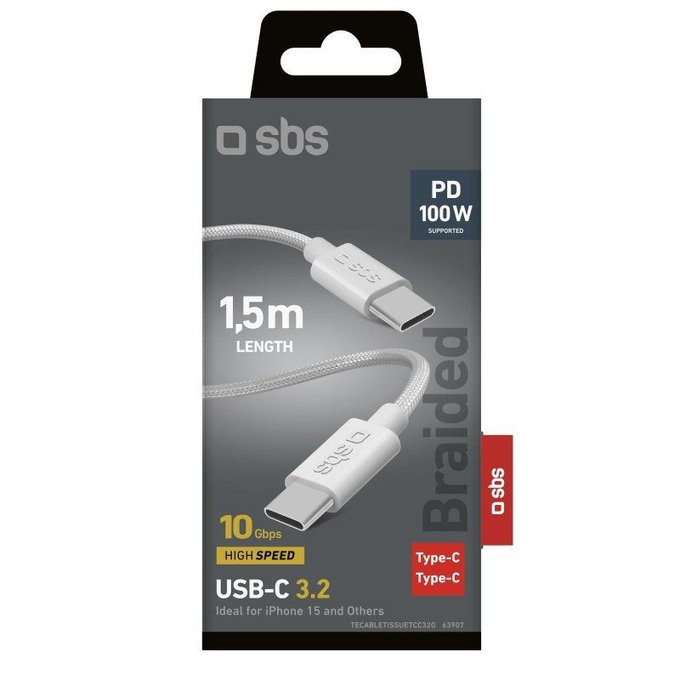 SBS - Geflochtenes Kabel USB-C/USB-C, PD, 100W, 1.5m, weiß
