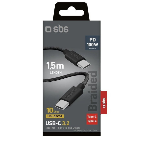 SBS - Geflochtenes Kabel USB-C/USB-C, PD, 100W, 1.5m, schwarz