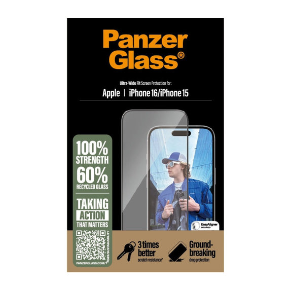 UWF Panzerglas mit Applikator für iPhone 16/15, Schwarz, PanzerGlass