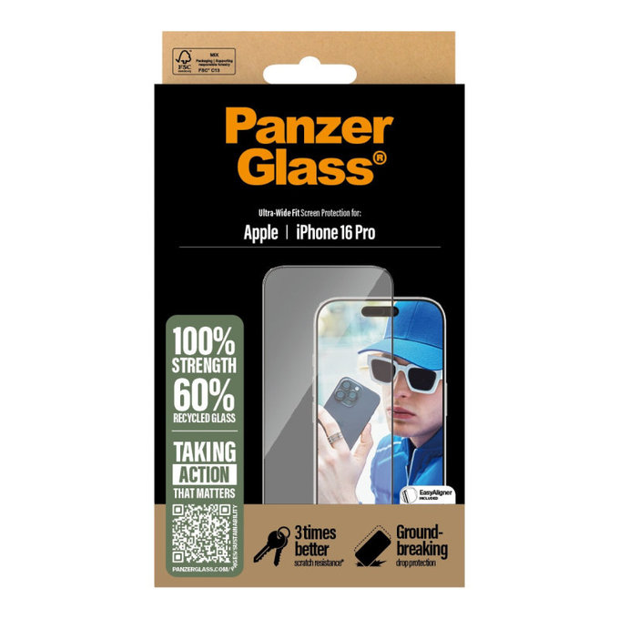 Schutzglas UWF mit Applikator für iPhone 16 Pro, Schwarz, PanzerGlass