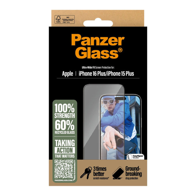 Schutzglas UWF mit Applikator für iPhone 16 Plus/15 Plus, Schwarz, PanzerGlass