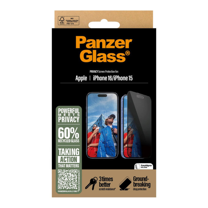 UWF Privacy Panzerglas mit Applikator für iPhone 16/15, Schwarz, PanzerGlass
