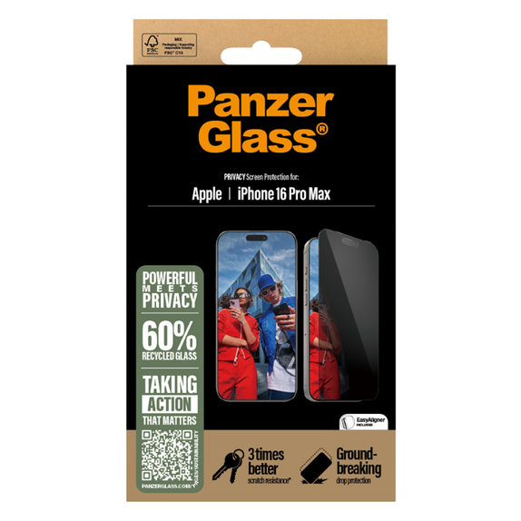 PanzerGlass - Gehärtetes Glas UWF Privacy mit Applikator Für iPhone 16 Pro Max, schwarz