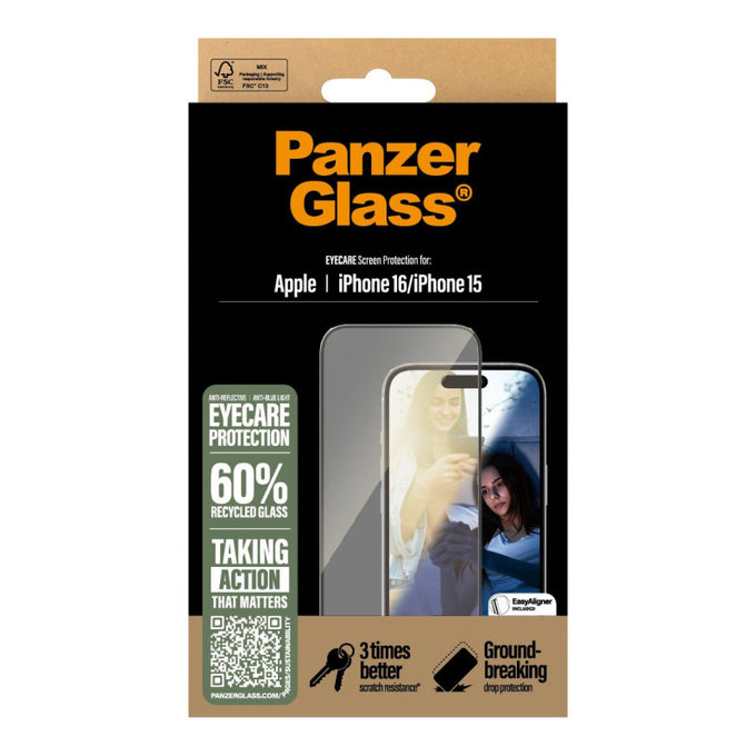 Schutzglas UWF Eyecare mit Applikator für iPhone 16/15, Schwarz, PanzerGlass