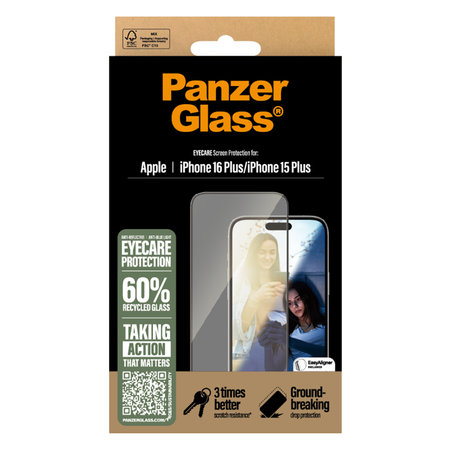 PanzerGlass - Gehärtetes Glas UWF Eyecare mit Applikator Für iPhone 16 Plus, schwarz