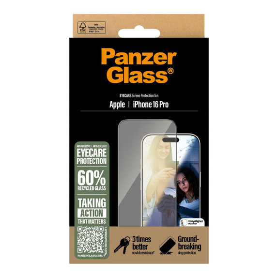 Schutzglas UWF Eyecare mit Applikator für iPhone 16 Pro, Schwarz, PanzerGlass
