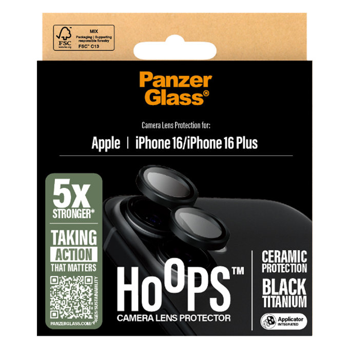 PanzerGlass - Schutzabdeckung für das Kameraobjektiv Hoops Ceramic Für iPhone 16 und 16 Plus, schwarz
