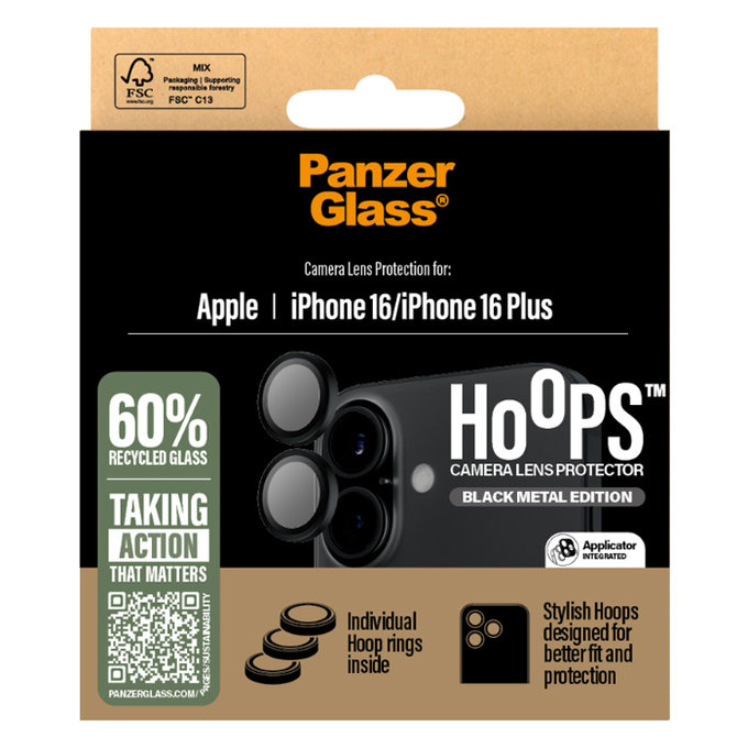 PanzerGlass - Schutzabdeckung für das Kameraobjektiv Hoops Für iPhone 16 und 16 Plus, schwarz