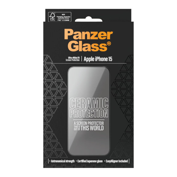 Schutzglas UWF Ceramic mit Applikator für iPhone 15, Schwarz, PanzerGlass