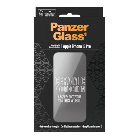 Schutzglas UWF Ceramic mit Applikator für iPhone 15 Pro, Schwarz, PanzerGlass