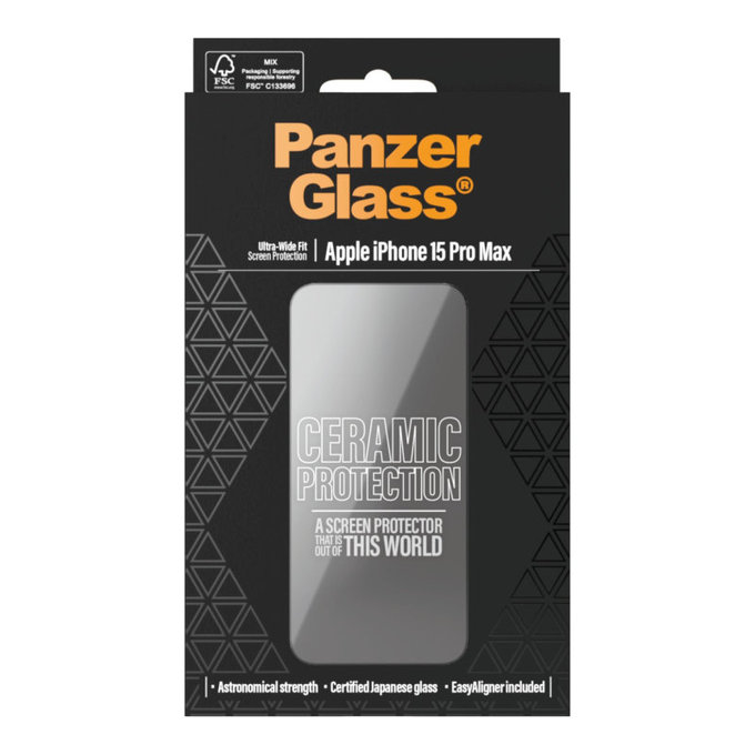 Schutzglas UWF Ceramic mit Applikator für iPhone 15 Pro Max, Schwarz, PanzerGlass