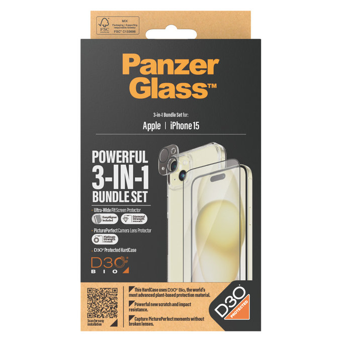 Bundle PicturePerfect + Panzerglas UWF + Hard Case D3O für iPhone 15, PanzerGlass