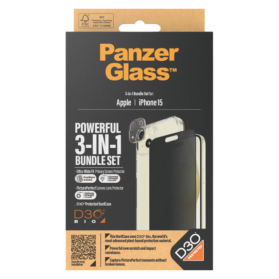 Bundle PicturePerfect + Panzerglas UWF Privacy + Hard Case D3O für iPhone 15, PanzerGlass