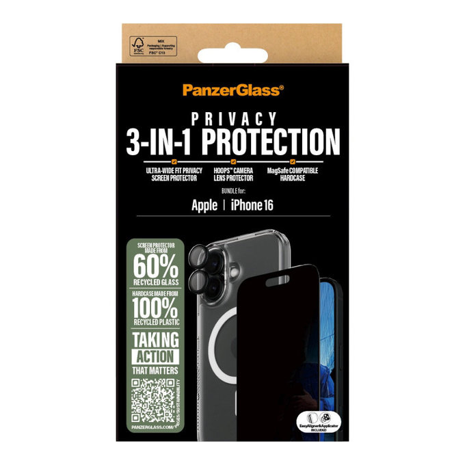 Bundle Hoops + UWF Privacy Panzerglas + Hard Case für iPhone 16, PanzerGlass