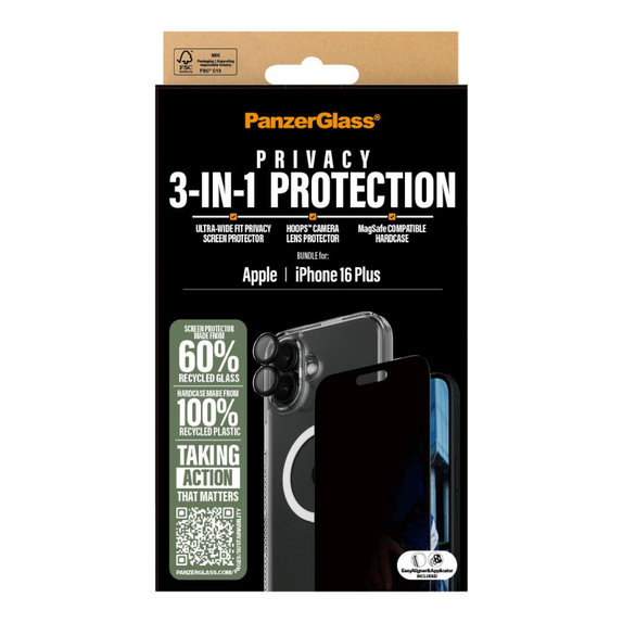 Bundle Hoops + UWF Privacy Panzerglas + Hard Case für iPhone 16 Plus, PanzerGlass