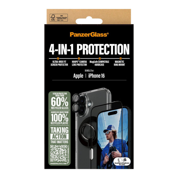 Bundle Hoops + UWF Panzerglas + Hard Case + Magnetic Ring Mount für iPhone 16, PanzerGlass