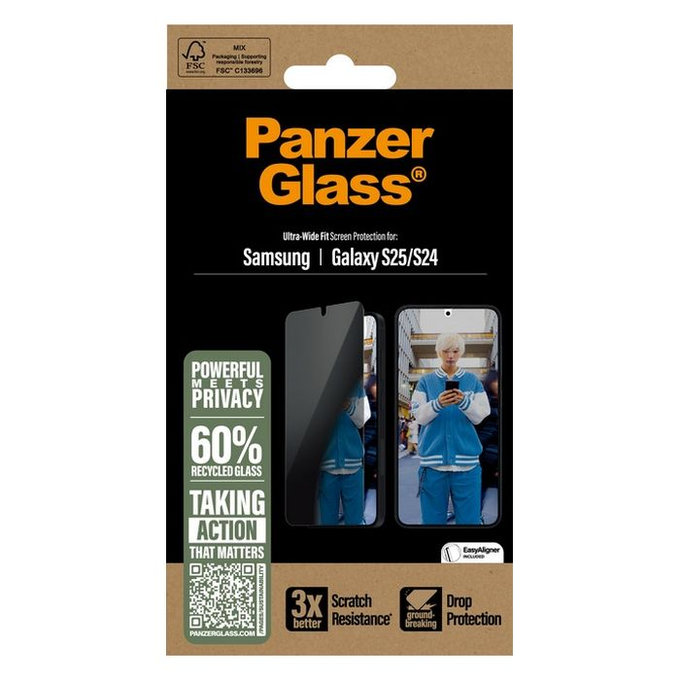 PanzerGlass - Gehärtetes Glas UWF Privacy mit aplikator für Samsung Galaxy S25, transparent